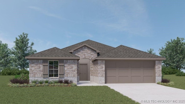 view of front of house with stone siding, an attached garage, driveway, a front yard, and roof with shingles