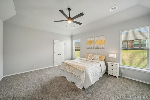 11807 N 131st E Ave, Owasso, OK 74055 - bedroom with lofted ceiling, carpet flooring, baseboards, and ceiling fan