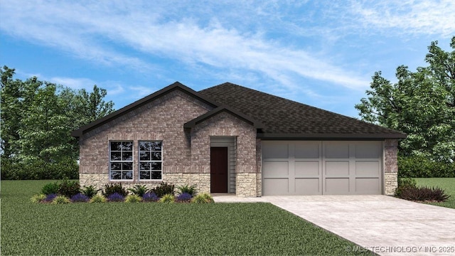 15406 E 74th St, Owasso, OK 74055 - view of front of home featuring driveway, stone siding, an attached garage, and a front yard