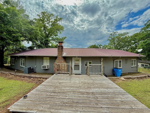 19442 W 929, Cookson, OK 74427 - rear view of property with metal roof, central AC unit, cooling unit, a deck, and concrete block siding