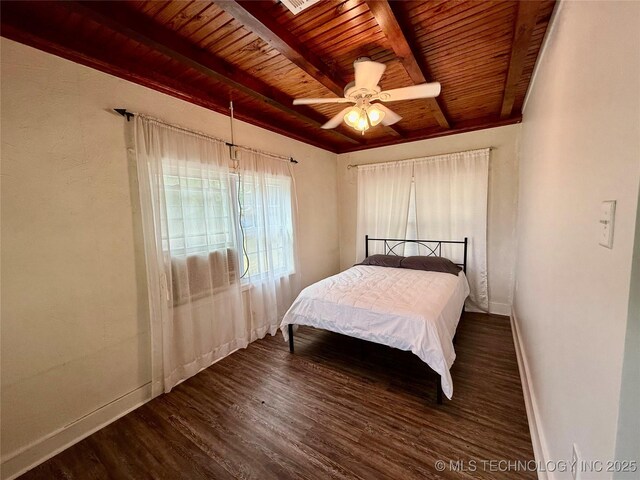 19442 W 929, Cookson, OK 74427 - bedroom featuring wood ceiling, beam ceiling, baseboards, wood finished floors, and ceiling fan