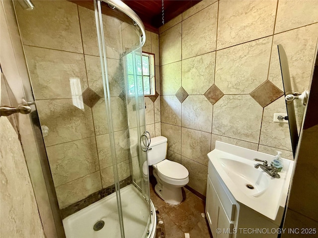 19442 W 929, Cookson, OK 74427 - bathroom with a stall shower, vanity, toilet, and tile walls