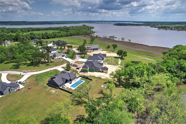 aerial view of a large body of water and a pool