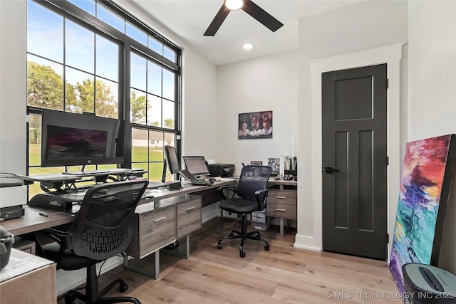 office space featuring a ceiling fan and light wood-style flooring