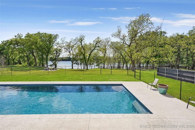 swimming pool with a water view and a patio