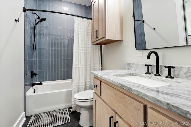 full bathroom with shower / bathtub combination with curtain, toilet, vanity, and tile patterned floors