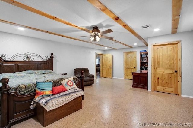 10627 Old Willis, Kingston, OK 73439 - bedroom featuring baseboards, recessed lighting, speckled floor, and beamed ceiling