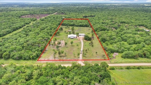 10627 Old Willis, Kingston, OK 73439 - aerial view of property's location with property parcel outlined and a heavily wooded area