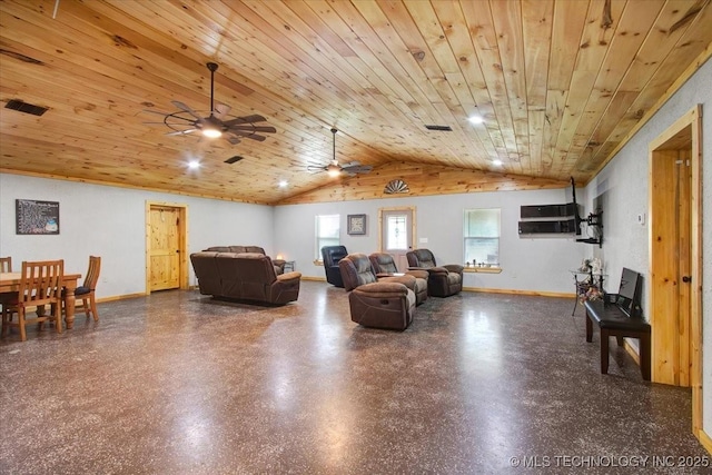 10627 Old Willis, Kingston, OK 73439 - living area with vaulted ceiling, wood ceiling, a ceiling fan, and baseboards
