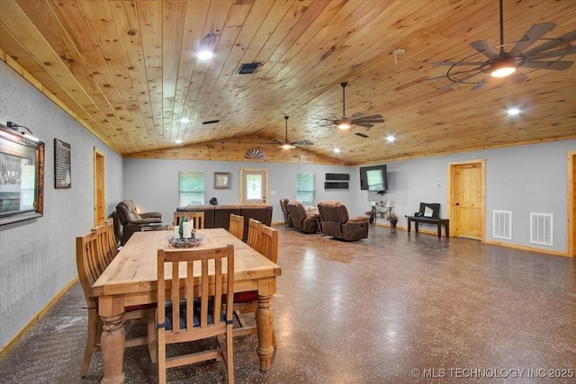 10627 Old Willis, Kingston, OK 73439 - dining space featuring ceiling fan, vaulted ceiling, wood ceiling, and baseboards