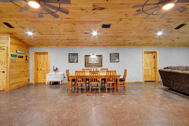 10627 Old Willis, Kingston, OK 73439 - dining room featuring a ceiling fan, lofted ceiling, wooden ceiling, baseboards, and speckle patterned floor