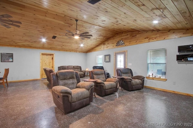10627 Old Willis, Kingston, OK 73439 - home theater room with a ceiling fan, wood ceiling, vaulted ceiling, baseboards, and speckled floor