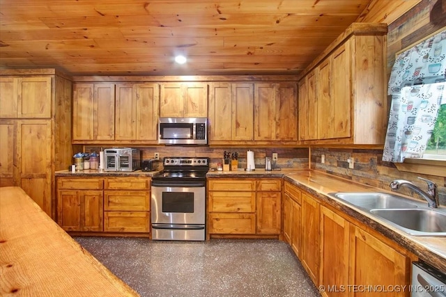 10627 Old Willis, Kingston, OK 73439 - kitchen with appliances with stainless steel finishes, a sink, wood ceiling, and brown cabinetry