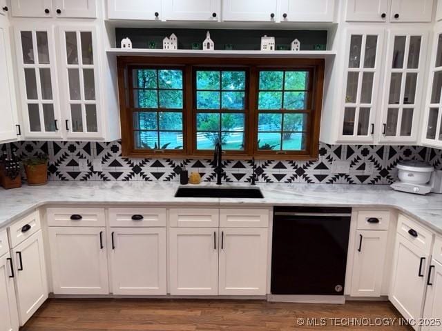 15373 N Javine Hill Rd, Skiatook, OK 74070 - kitchen featuring dishwasher, a sink, white cabinetry, and glass insert cabinets