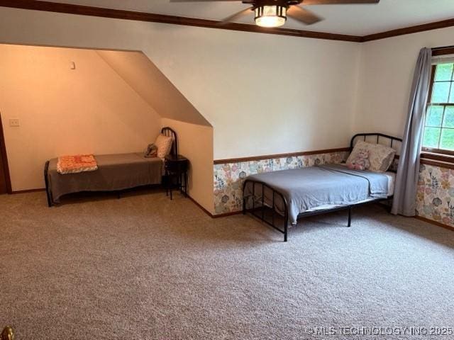 15373 N Javine Hill Rd, Skiatook, OK 74070 - bedroom with crown molding, carpet flooring, and a ceiling fan