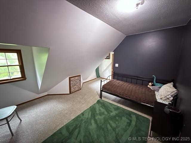 15373 N Javine Hill Rd, Skiatook, OK 74070 - carpeted bedroom featuring vaulted ceiling and a textured ceiling