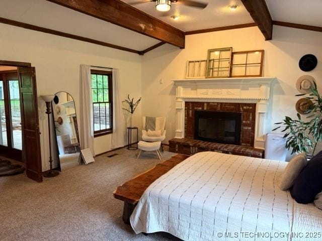 15373 N Javine Hill Rd, Skiatook, OK 74070 - bedroom with carpet floors, a fireplace, and crown molding
