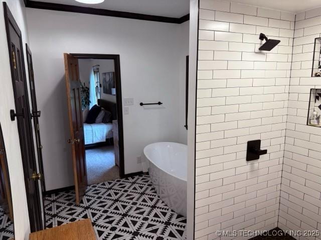15373 N Javine Hill Rd, Skiatook, OK 74070 - full bathroom with crown molding, a freestanding tub, tiled shower, and baseboards