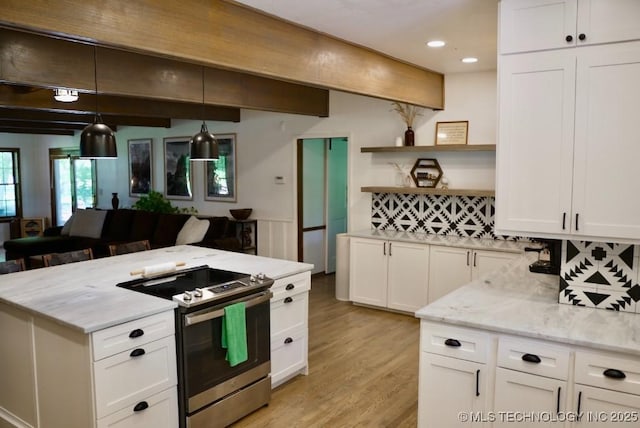 15373 N Javine Hill Rd, Skiatook, OK 74070 - kitchen with stainless steel electric range, light wood-type flooring, white cabinetry, light stone counters, and open shelves