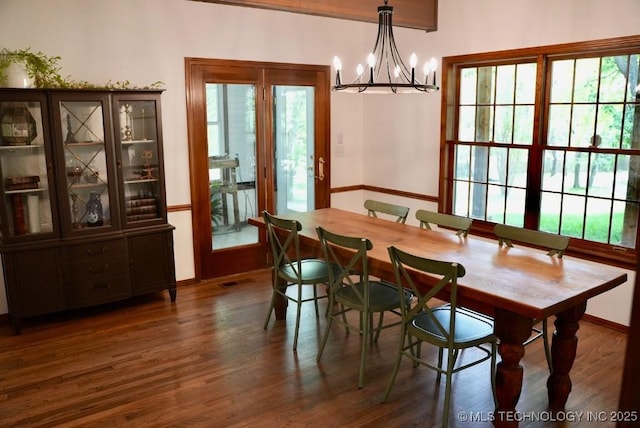 15373 N Javine Hill Rd, Skiatook, OK 74070 - dining area featuring plenty of natural light, dark wood-style floors, and a chandelier