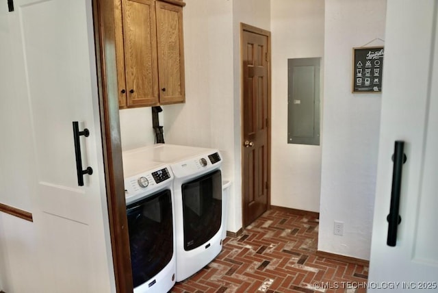 15373 N Javine Hill Rd, Skiatook, OK 74070 - laundry area featuring electric panel, separate washer and dryer, cabinet space, and brick floors