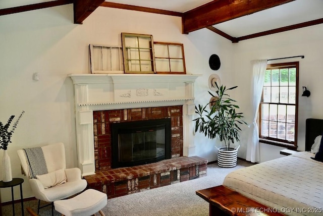 15373 N Javine Hill Rd, Skiatook, OK 74070 - carpeted living area featuring a brick fireplace and crown molding