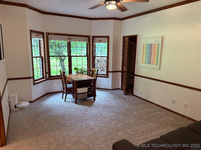 15373 N Javine Hill Rd, Skiatook, OK 74070 - dining room featuring carpet, ceiling fan, and ornamental molding
