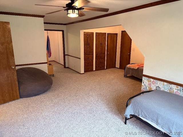 15373 N Javine Hill Rd, Skiatook, OK 74070 - bedroom featuring light colored carpet, crown molding, and ceiling fan