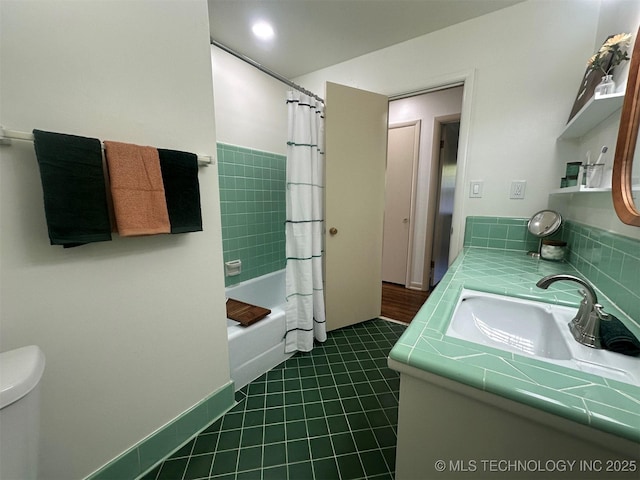 6112 E 21st St, Tulsa, OK 74114 - full bath with vanity, toilet, shower / bath combo, and tile patterned floors
