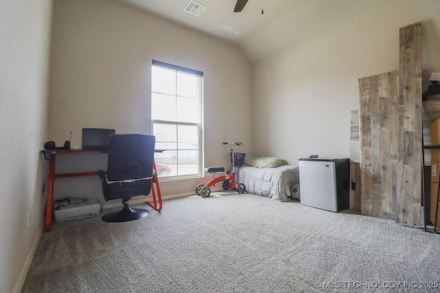 game room featuring carpet flooring, ceiling fan, lofted ceiling, and baseboards