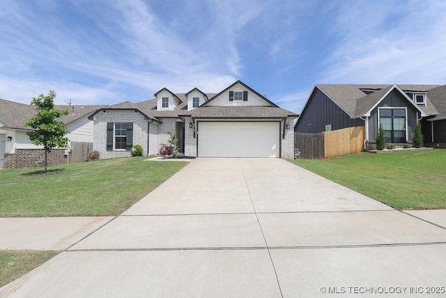 view of front facade with concrete driveway, a garage, brick siding, and a shingled roof
