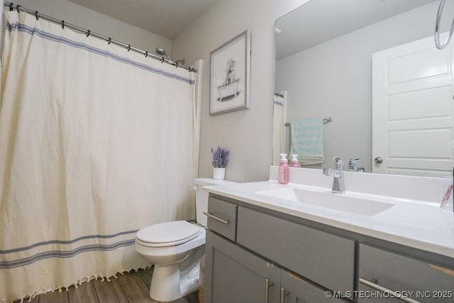 bathroom featuring toilet, vanity, and wood finished floors