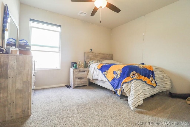 bedroom featuring carpet, baseboards, and ceiling fan
