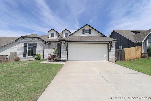 view of front of home featuring brick siding, driveway, a garage, and roof with shingles
