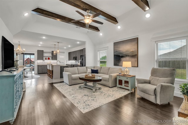 2621 S Catalayah Ln, Claremore, OK 74019 - living area with a ceiling fan, recessed lighting, a chandelier, and dark wood-style floors