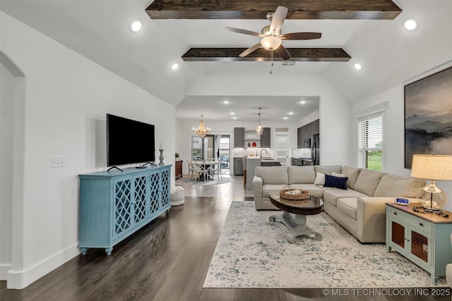 2621 S Catalayah Ln, Claremore, OK 74019 - living area featuring recessed lighting, dark wood finished floors, ceiling fan, a chandelier, and baseboards