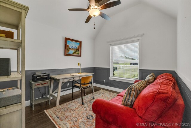 2621 S Catalayah Ln, Claremore, OK 74019 - home office with vaulted ceiling, wood finished floors, wainscoting, and ceiling fan