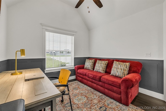 2621 S Catalayah Ln, Claremore, OK 74019 - home office featuring vaulted ceiling, ceiling fan, wainscoting, and wood finished floors