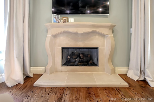detailed view of a fireplace with raised hearth and wood finished floors