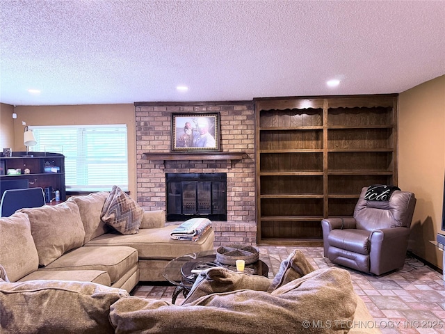 2902 Hilltop Ave, Muskogee, OK 74403 - living room featuring a textured ceiling, built in features, a brick fireplace, and recessed lighting
