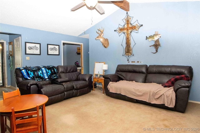 carpeted living area featuring ceiling fan and vaulted ceiling