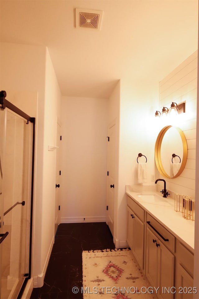 118 W 130th Pl S, Jenks, OK 74037 - bathroom with vanity, a shower stall, and baseboards