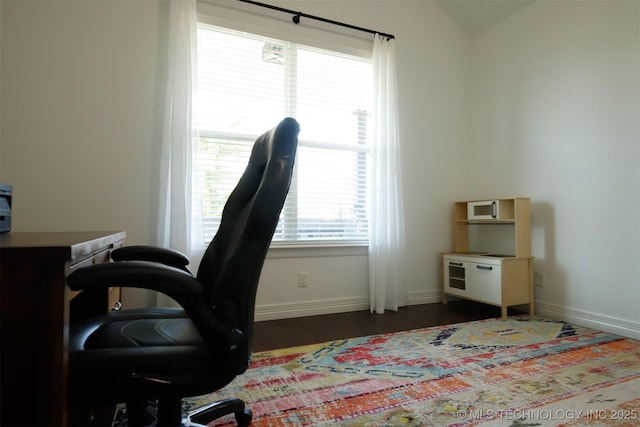 118 W 130th Pl S, Jenks, OK 74037 - office area with wood finished floors, baseboards, and vaulted ceiling