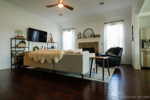 118 W 130th Pl S, Jenks, OK 74037 - living room with ceiling fan, wood finished floors, a fireplace, vaulted ceiling, and baseboards
