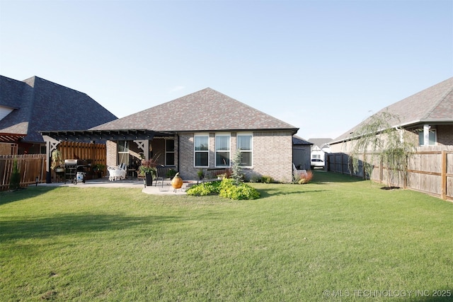 118 W 130th Pl S, Jenks, OK 74037 - back of property featuring a pergola, a patio, brick siding, and roof with shingles