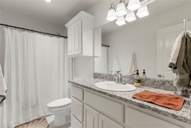 2835 E 104th St, Tulsa, OK 74137 - full bathroom featuring toilet, vanity, tile patterned floors, and curtained shower