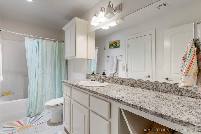 2835 E 104th St, Tulsa, OK 74137 - bathroom featuring toilet, tile patterned flooring, shower / tub combo with curtain, and vanity