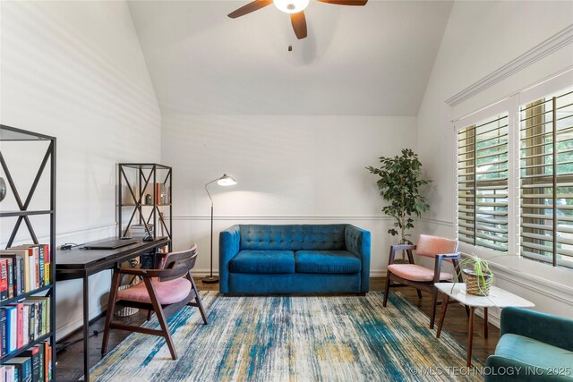 2835 E 104th St, Tulsa, OK 74137 - living area with wood finished floors, a ceiling fan, and high vaulted ceiling