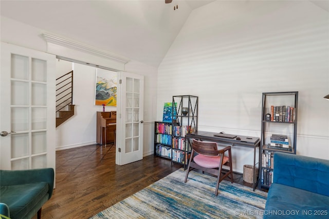 2835 E 104th St, Tulsa, OK 74137 - home office featuring french doors, wood finished floors, and vaulted ceiling