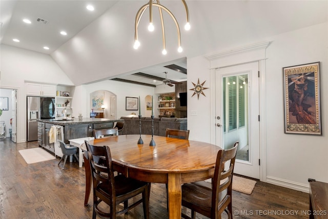 2835 E 104th St, Tulsa, OK 74137 - dining room featuring dark wood-style floors, lofted ceiling, a ceiling fan, recessed lighting, and baseboards